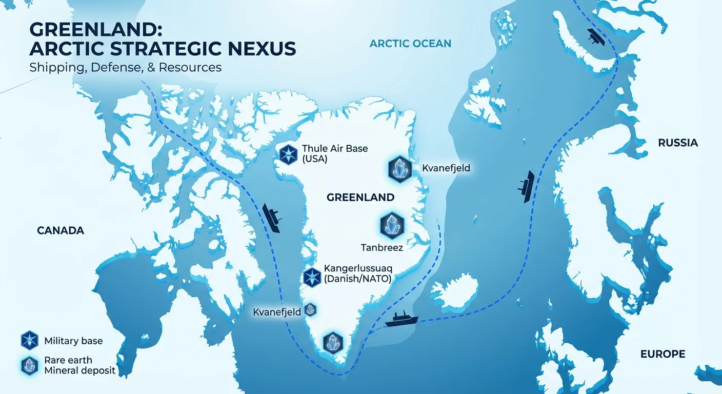 Map of Greenland highlighting its strategic Arctic location