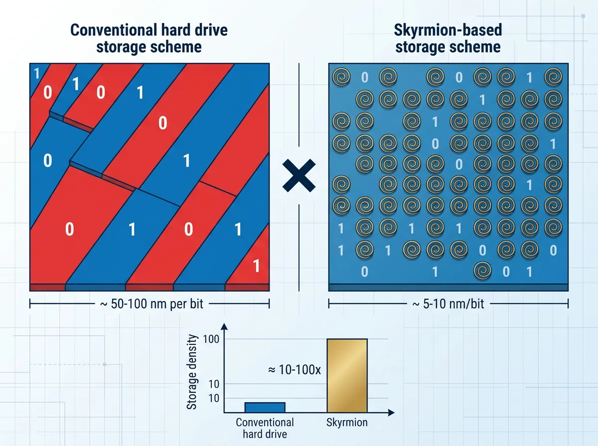 Conceptual comparison of conventional hard drive magnetic domains versus skyrmion-based data storage