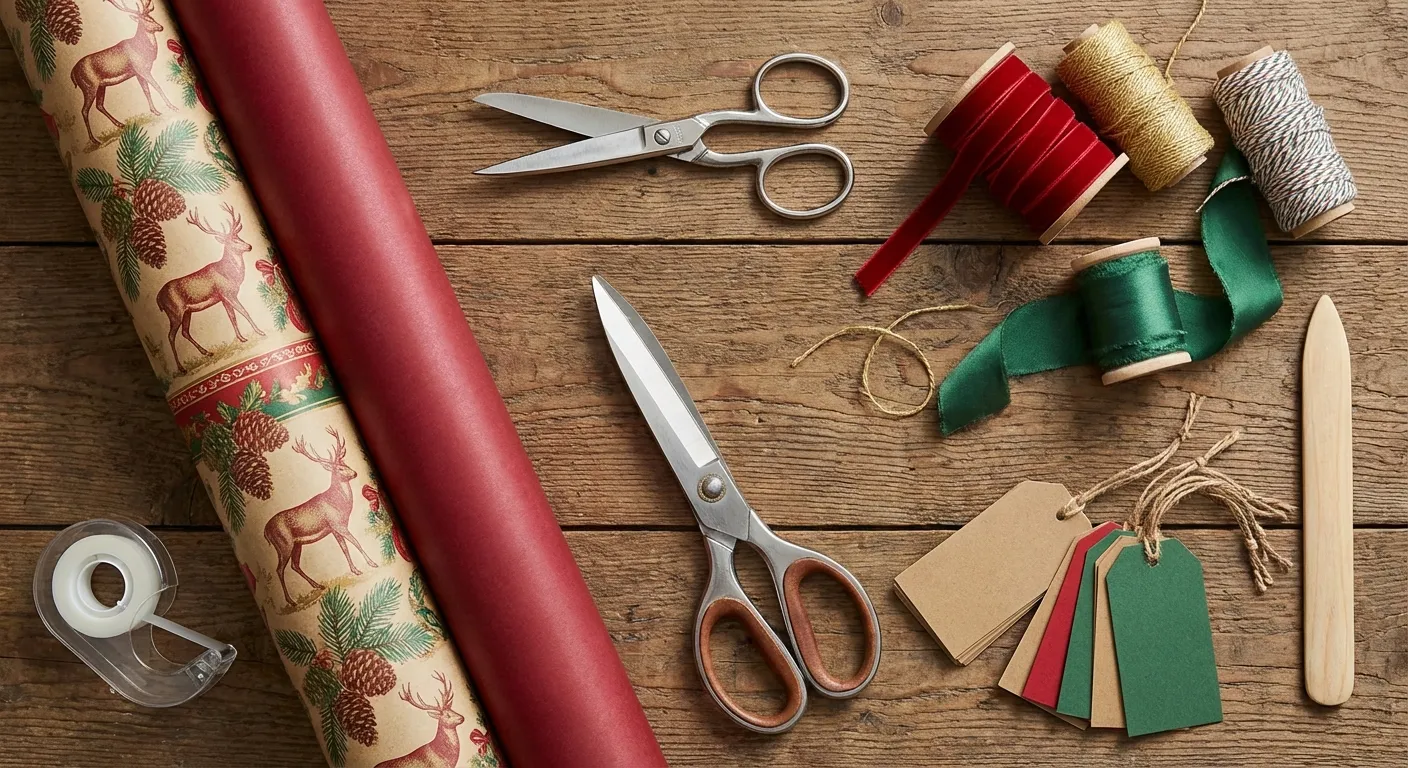 Gift wrapping supplies arranged neatly on table