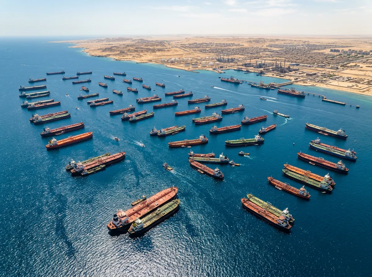 Oil tankers anchored outside the Strait of Hormuz waiting for safe passage