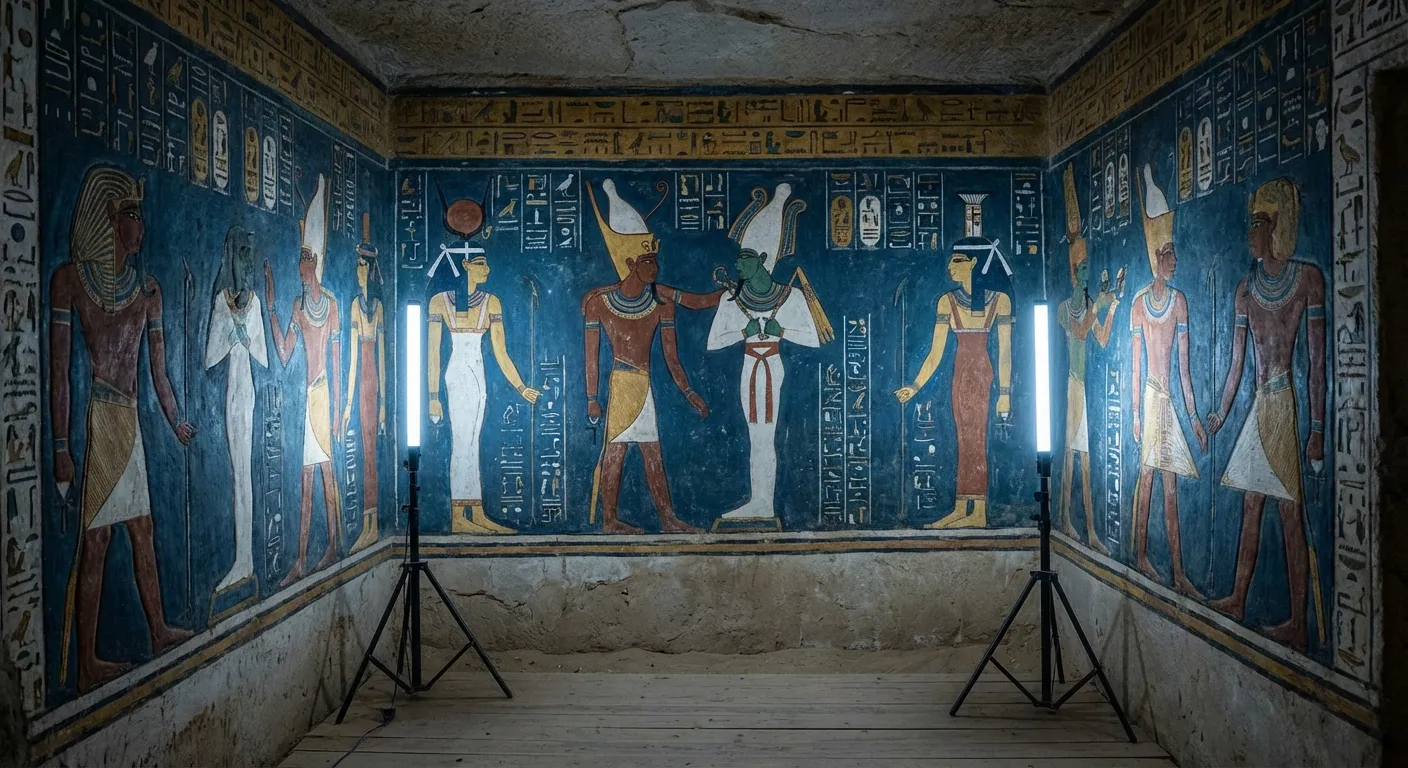 Ancient Egyptian tomb wall paintings showing pharaoh meeting deities in afterlife