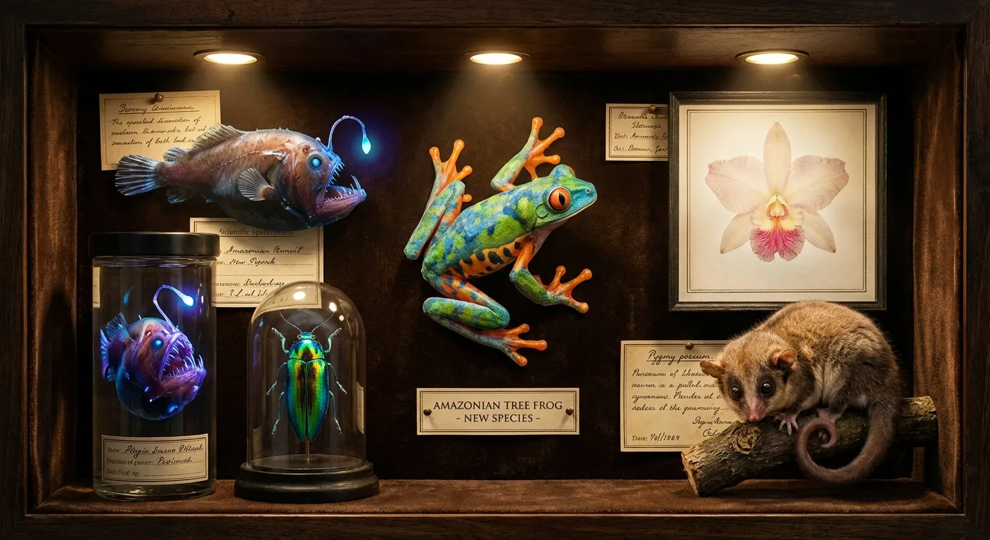 Collage of newly discovered species including colorful insects, deep-sea fish, and exotic plants