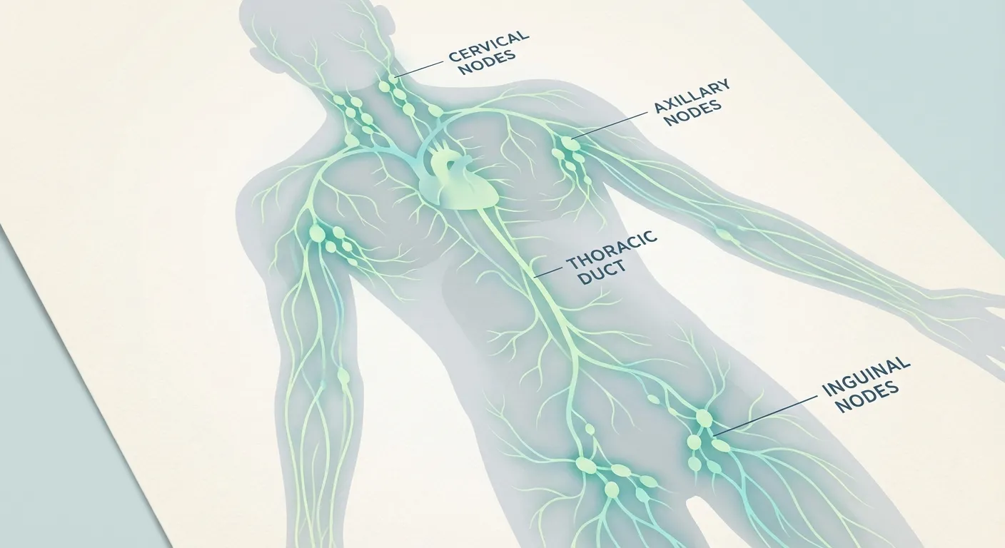 Anatomical illustration of the lymphatic system showing lymph nodes and vessels throughout the body