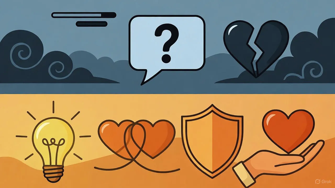 Two people sitting across from each other in conversation, soft lighting creating an intimate atmosphere of honest dialogue