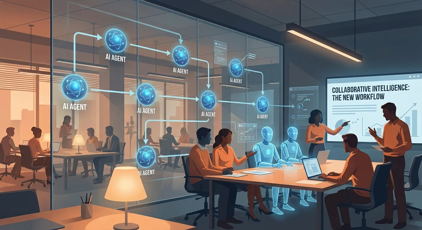 Conceptual visualization of AI agents working alongside humans in enterprise