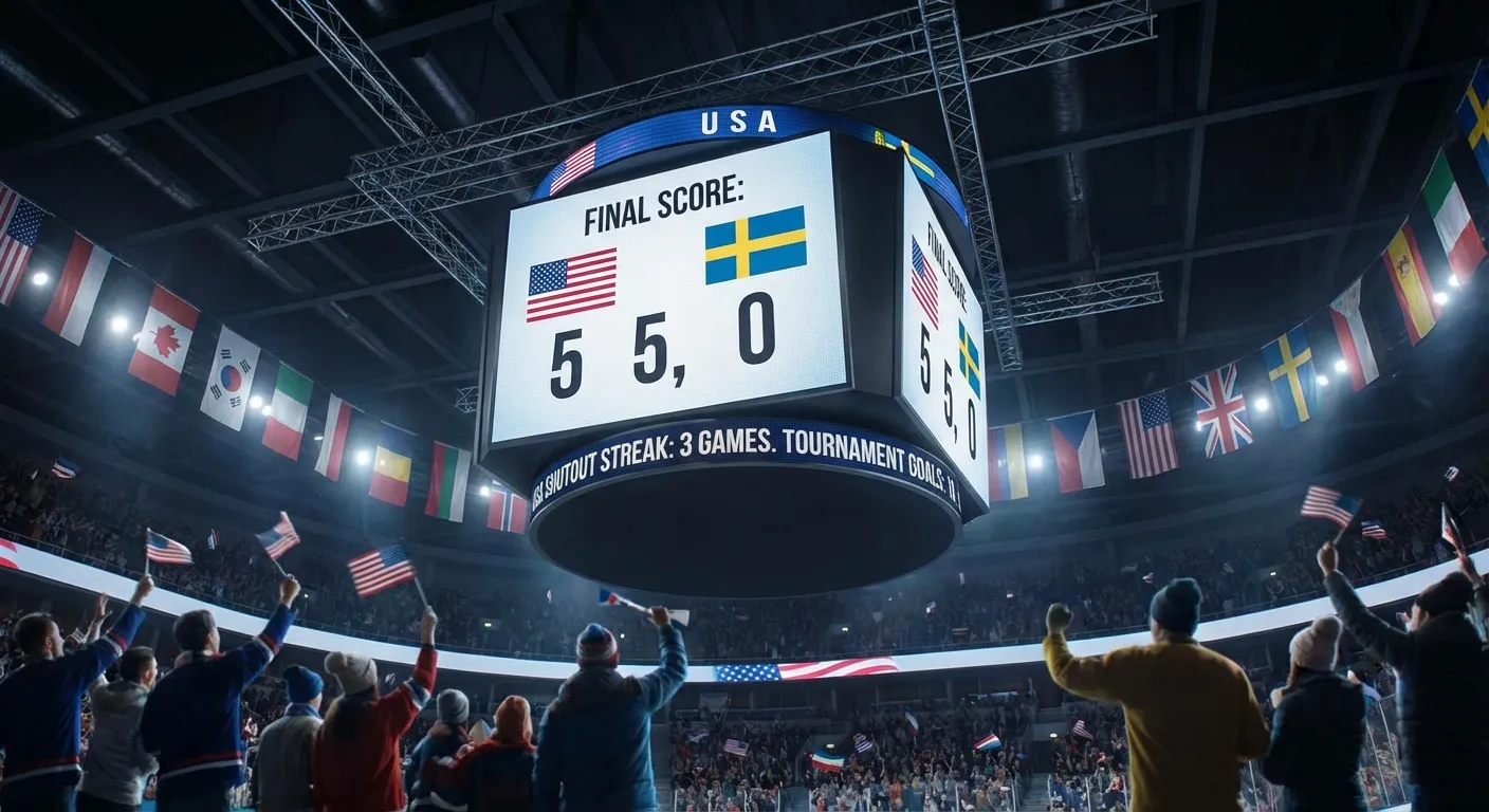 Scoreboard showing Team USA's 5-0 shutout victory over Sweden in Olympic semifinal
