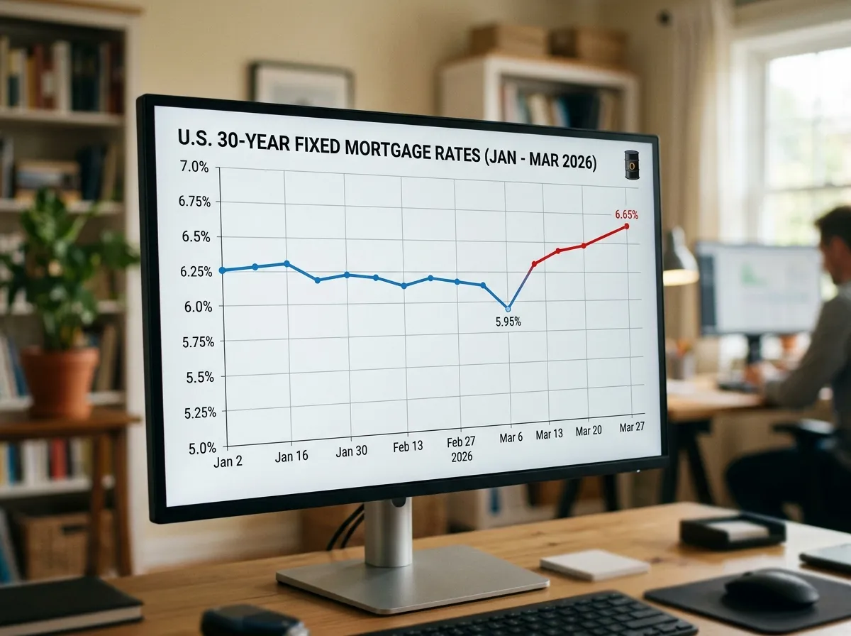A financial chart showing mortgage rates climbing sharply in March 2026