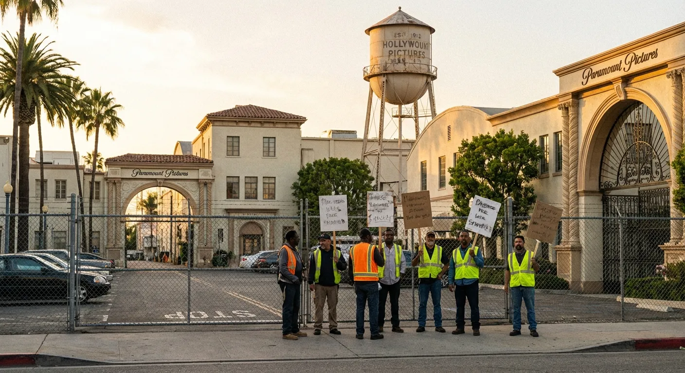 Hollywood studio lot with workers and union protestors in foreground
