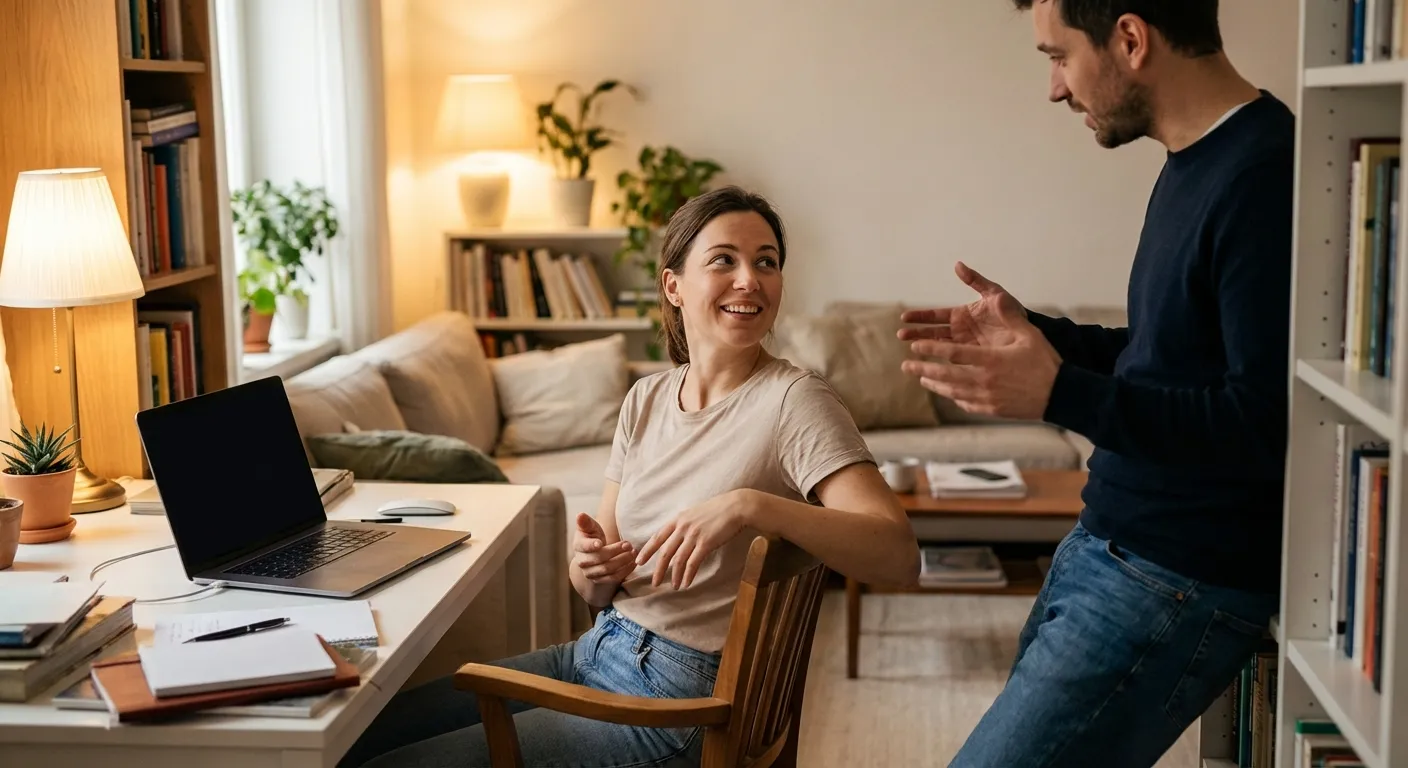 Person looking up from laptop with full attention toward partner speaking nearby