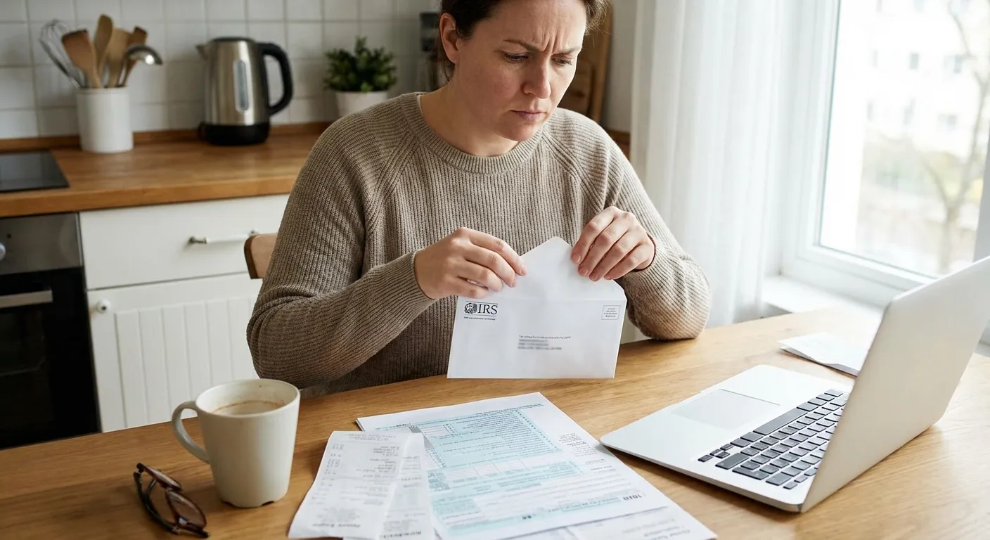 Person opening IRS notice letter at kitchen table looking concerned but determined
