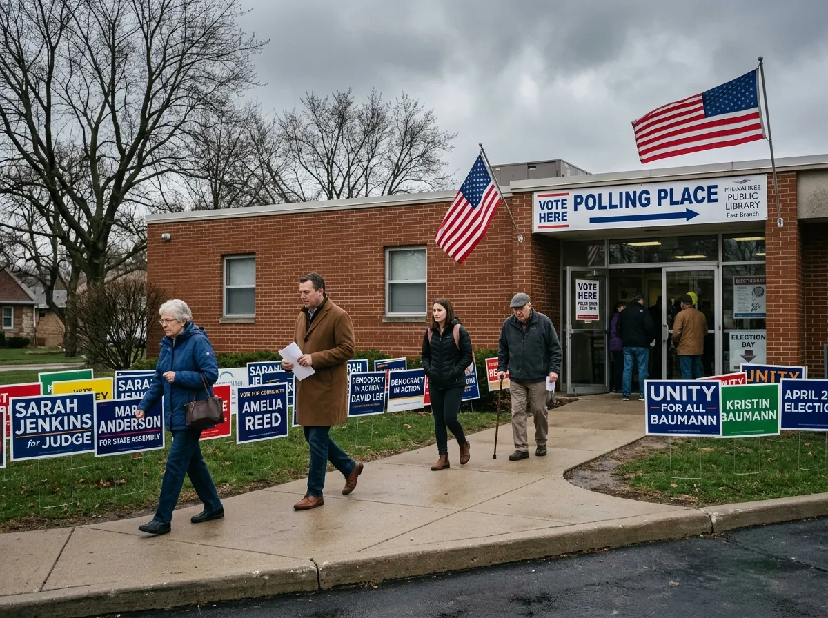 Campaign yard signs for competing candidates lining the sidewalk outside a Wisconsin polling place