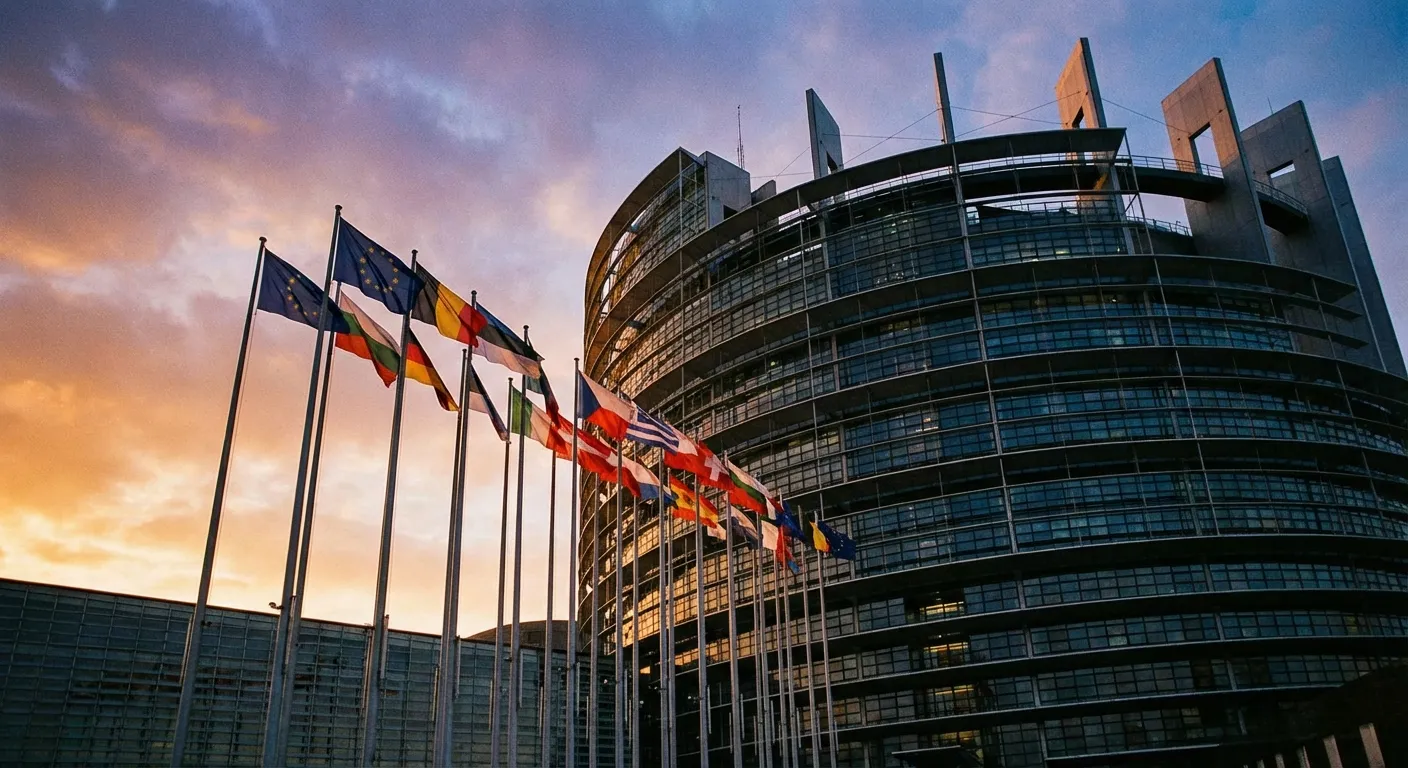European Parliament building with flags of EU member states