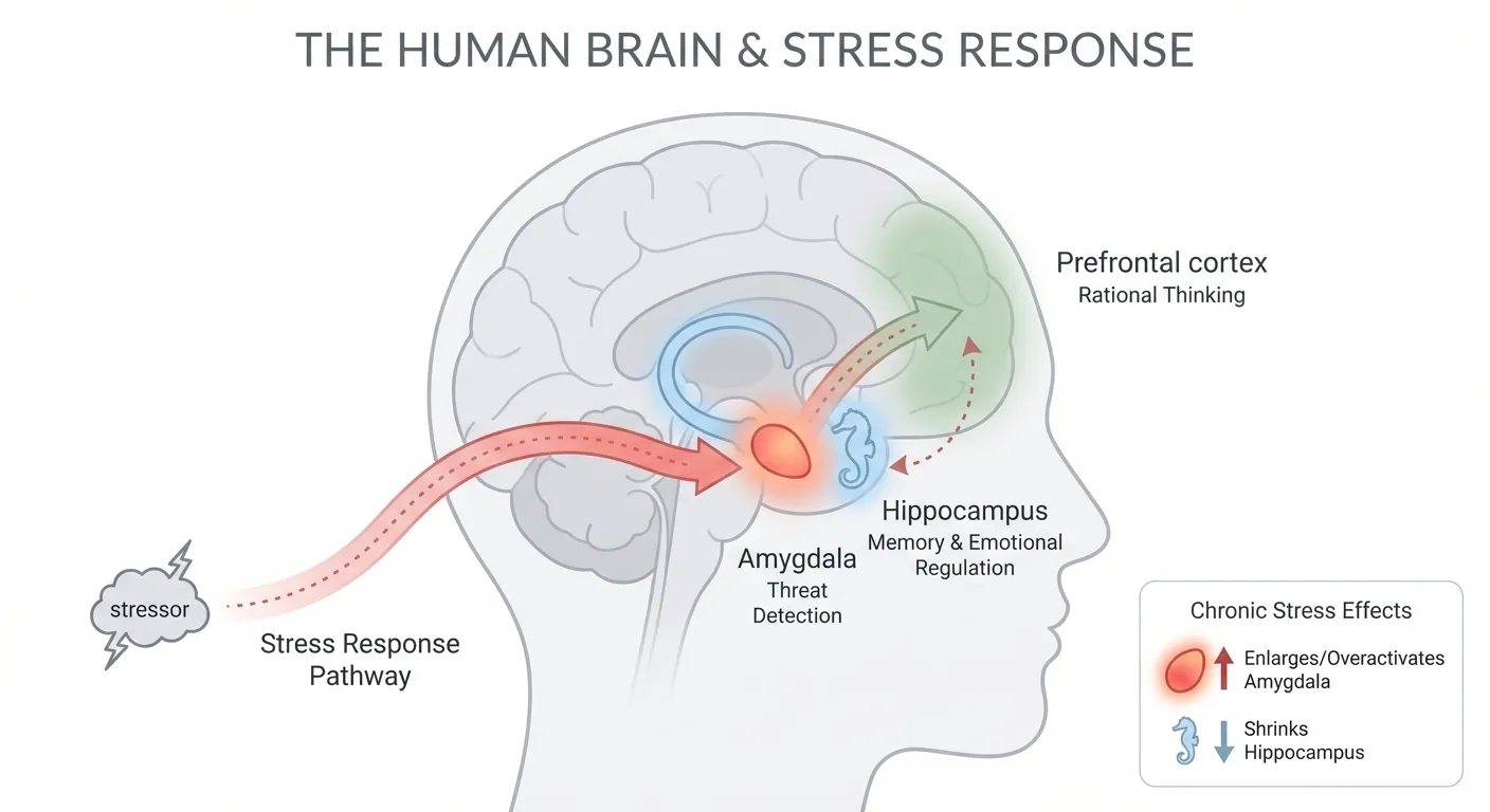Brain diagram showing amygdala, hippocampus, and prefrontal cortex stress response pathway