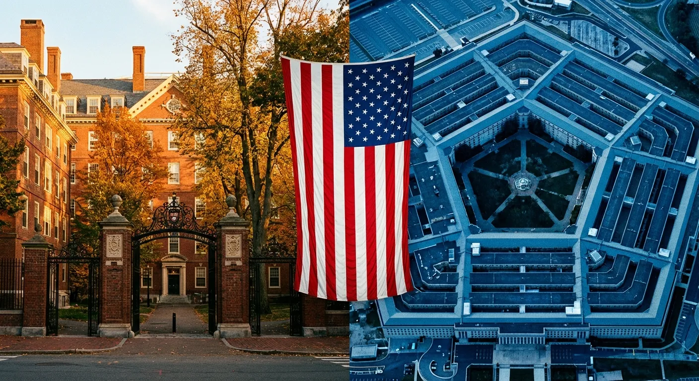 Harvard University campus gates with American flag and military insignia