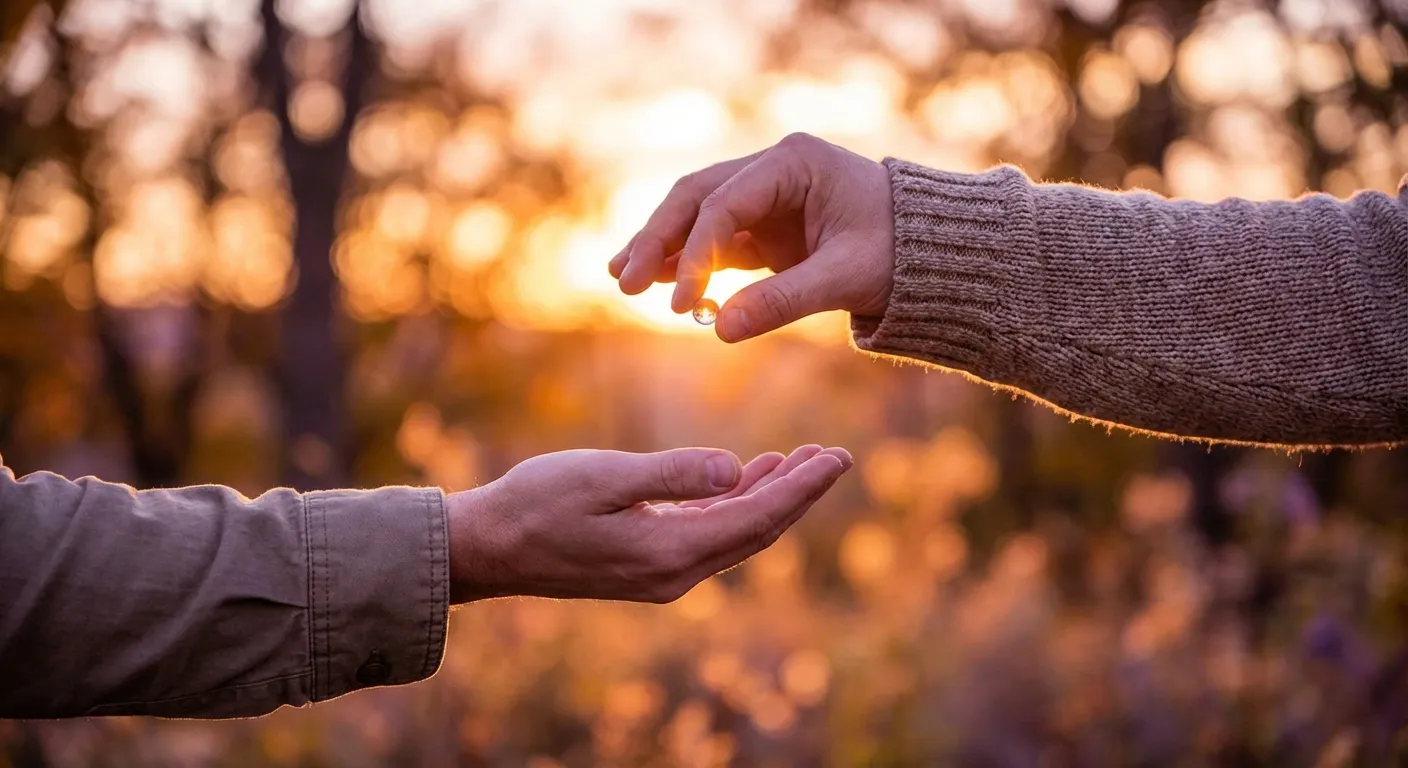 Hands reaching toward each other in warm golden light, one offering and one receiving