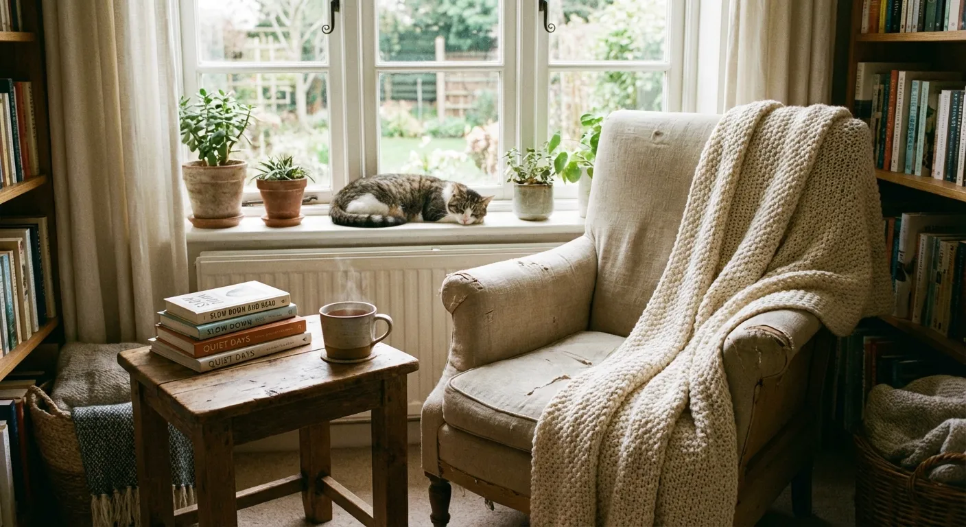 Cozy reading nook by a window with comfortable chair, soft throw blanket, and stack of books