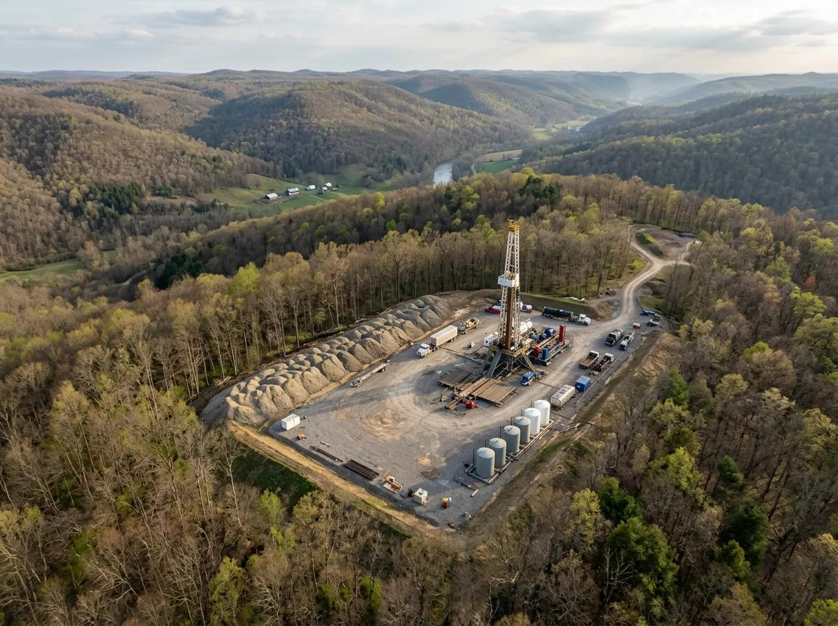 Aerial view of an Appalachian gas drilling pad with a tan-colored cuttings pile at the perimeter