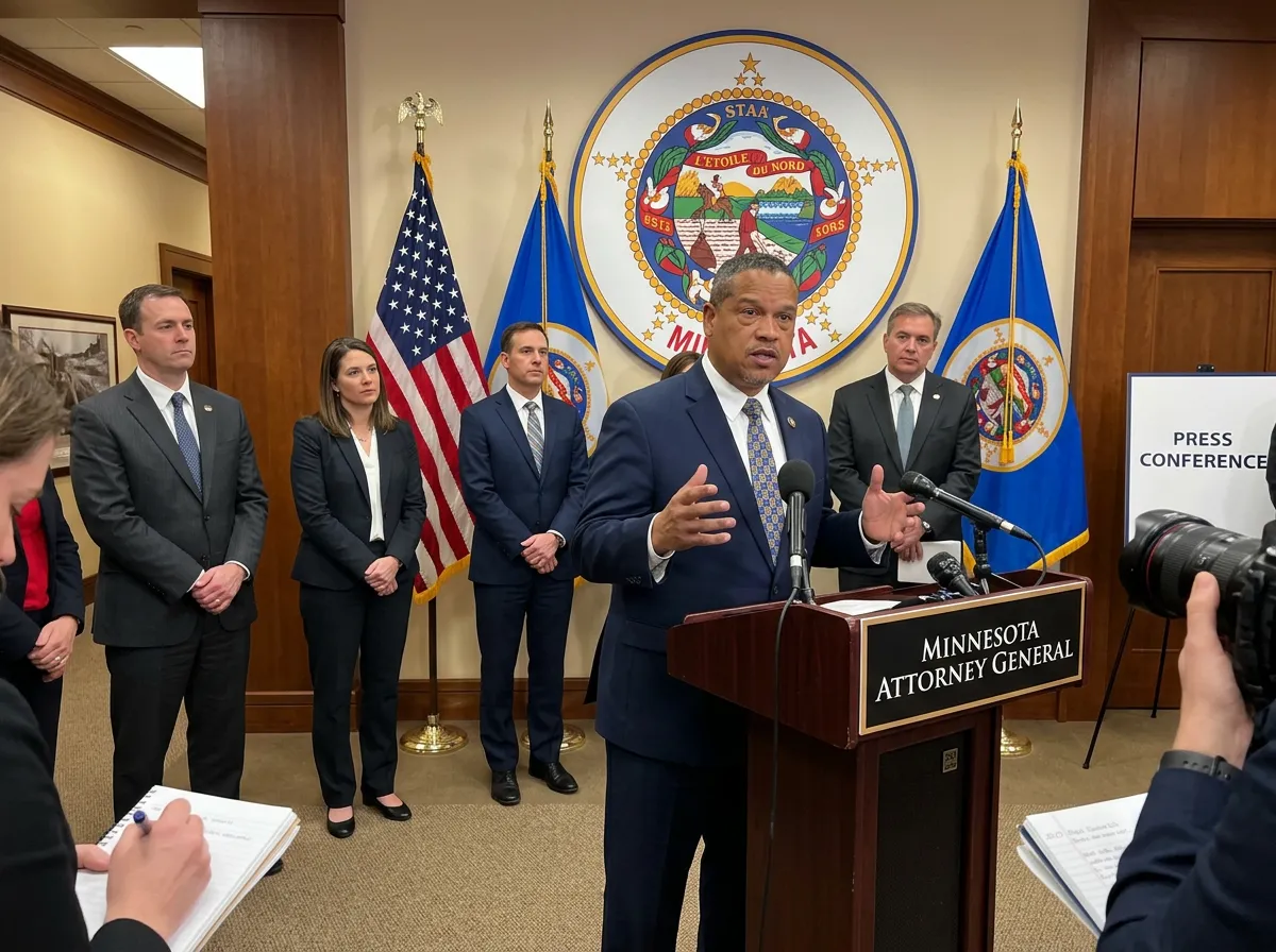 Minnesota Attorney General Keith Ellison at a press conference announcing the Medicaid lawsuit