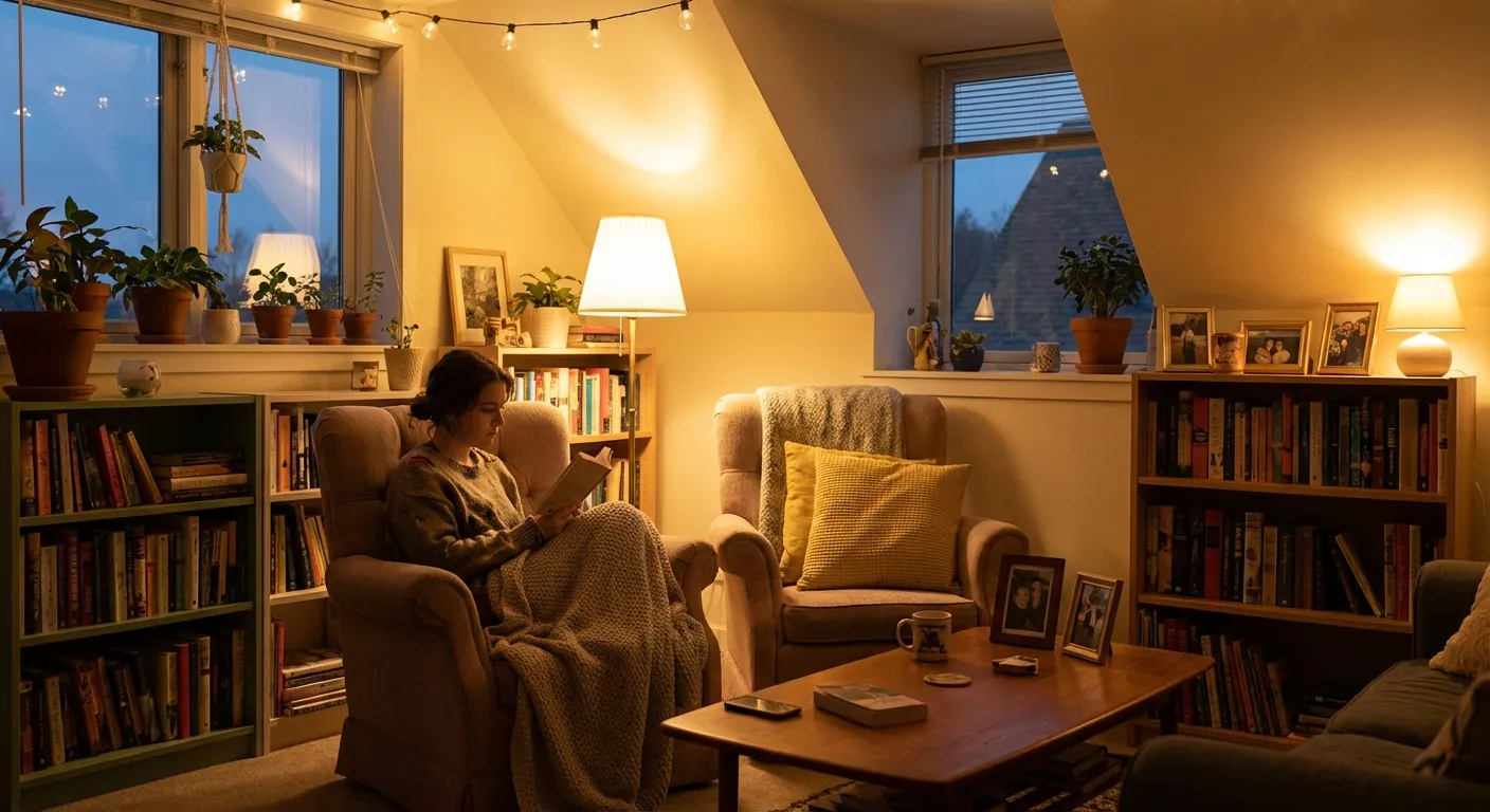 Cozy apartment living room with warm lighting, comfortable furniture, and personal touches