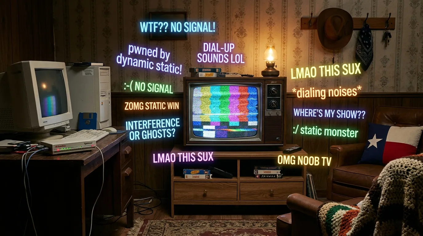 Vintage television set showing static surrounded by glowing internet meme text