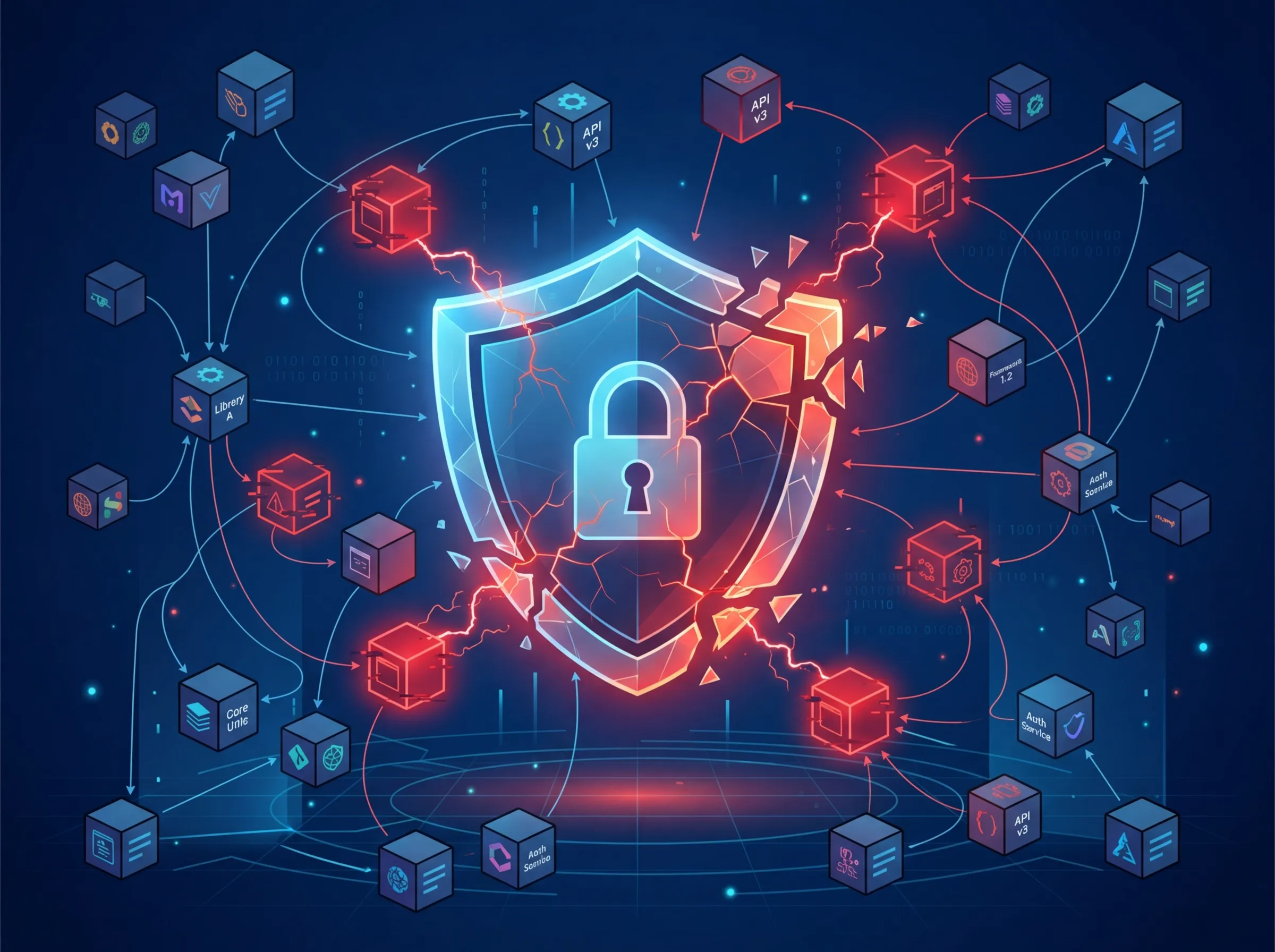 A shield icon cracking apart surrounded by floating software package icons and dependency arrows
