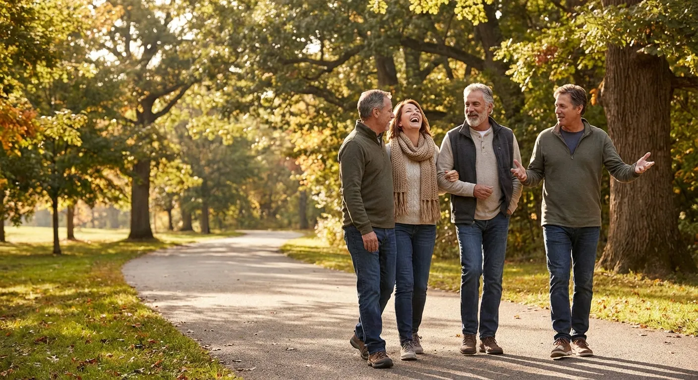 Diverse group of adults walking together in a park, laughing and enjoying each other's company