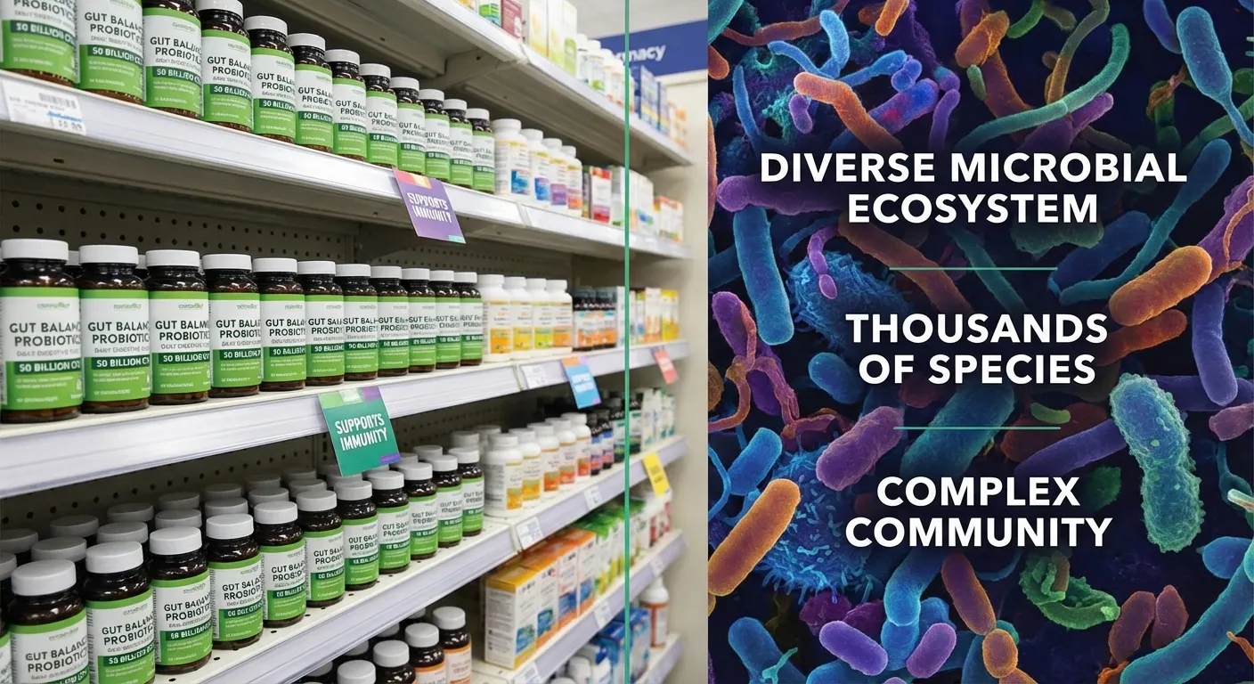 Commercial probiotic supplements on store shelves contrasted with microscopic bacteria imagery