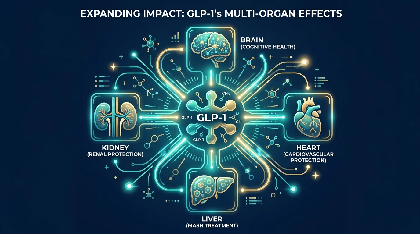 Medical illustration showing GLP-1 molecule connecting to icons representing brain heart liver and kidney benefits