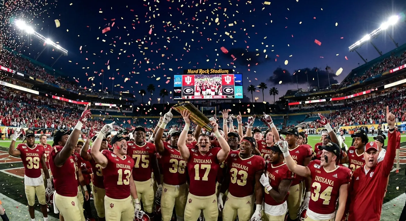 Indiana Hoosiers players celebrating with the national championship trophy at Hard Rock Stadium
