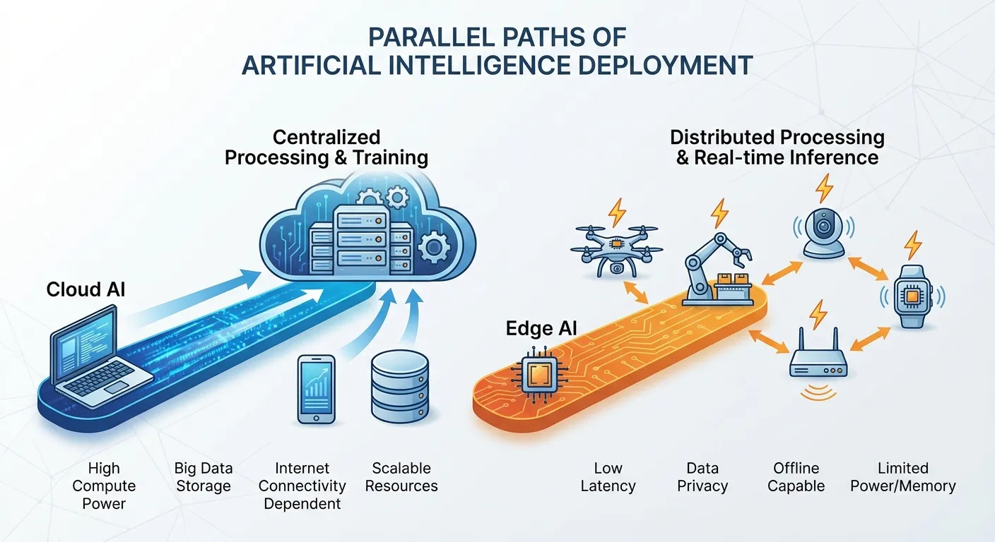 Diagram comparing cloud AI and on-device AI data flow paths