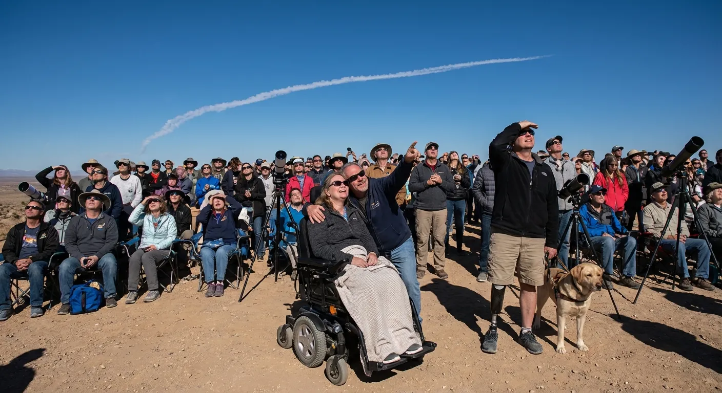 Diverse group of people including wheelchair users watching rocket launch from viewing area