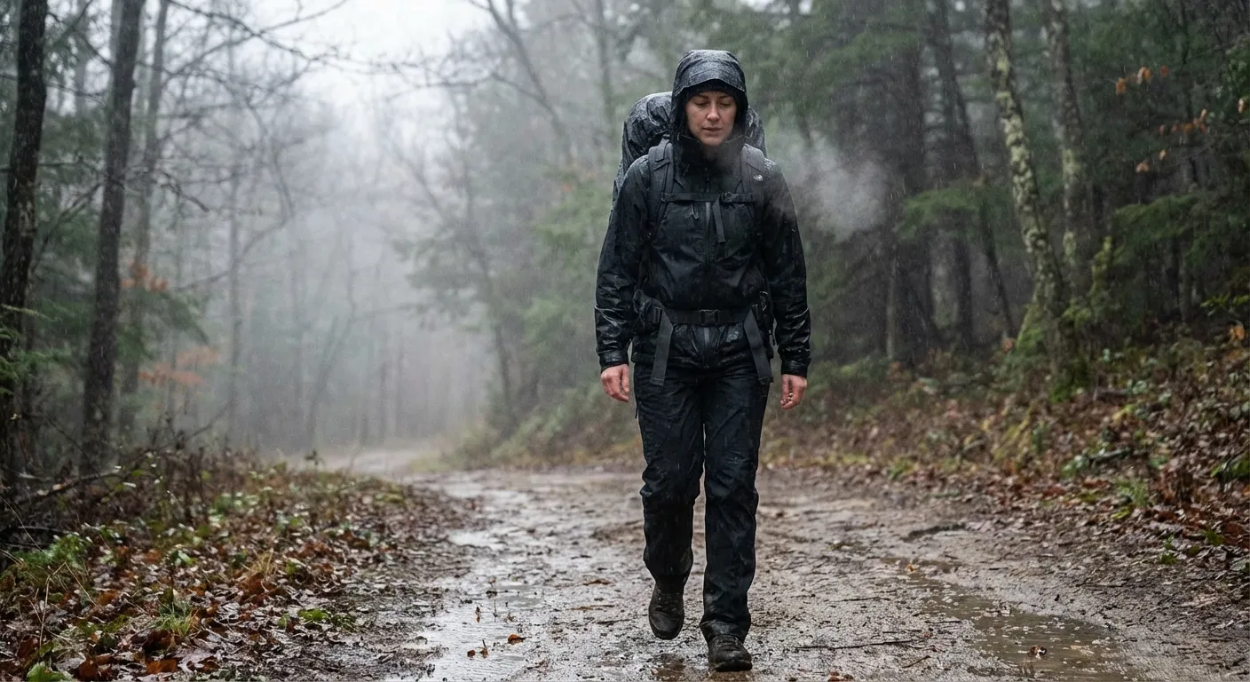 A person rucking alone on a rainy morning trail, demonstrating 'embracing the suck