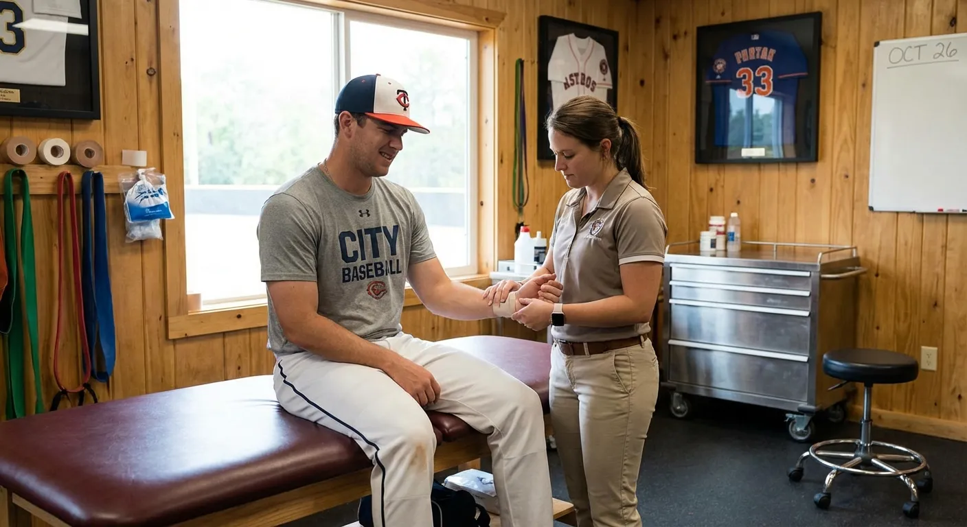 Baseball player's hand being examined by a trainer in a spring training facility