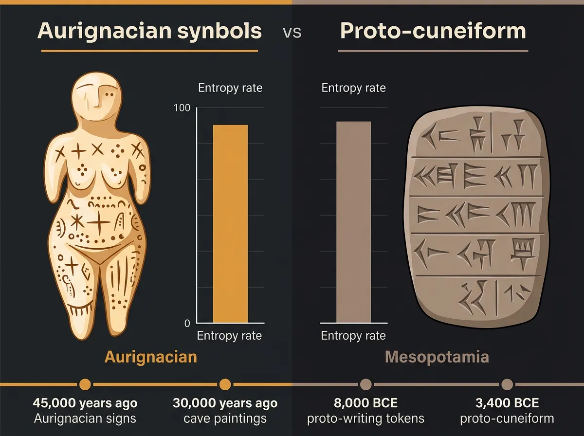 Comparison chart showing entropy rates of Aurignacian symbols alongside proto-cuneiform writing