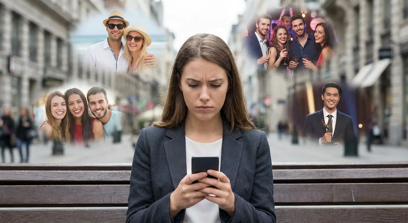 Person looking overwhelmed by social media comparisons on their phone