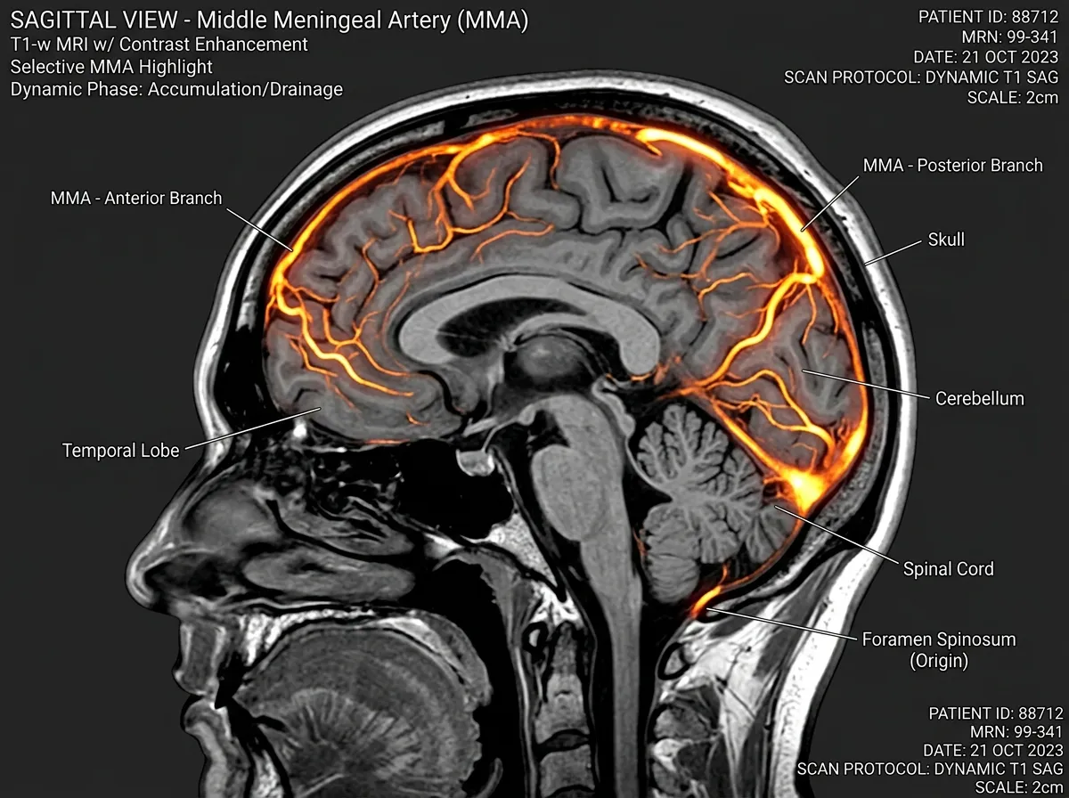 MRI scan of human head with middle meningeal artery highlighted showing contrast agent flow