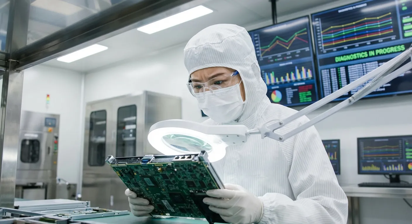 Engineer examining server hardware in high-tech manufacturing environment