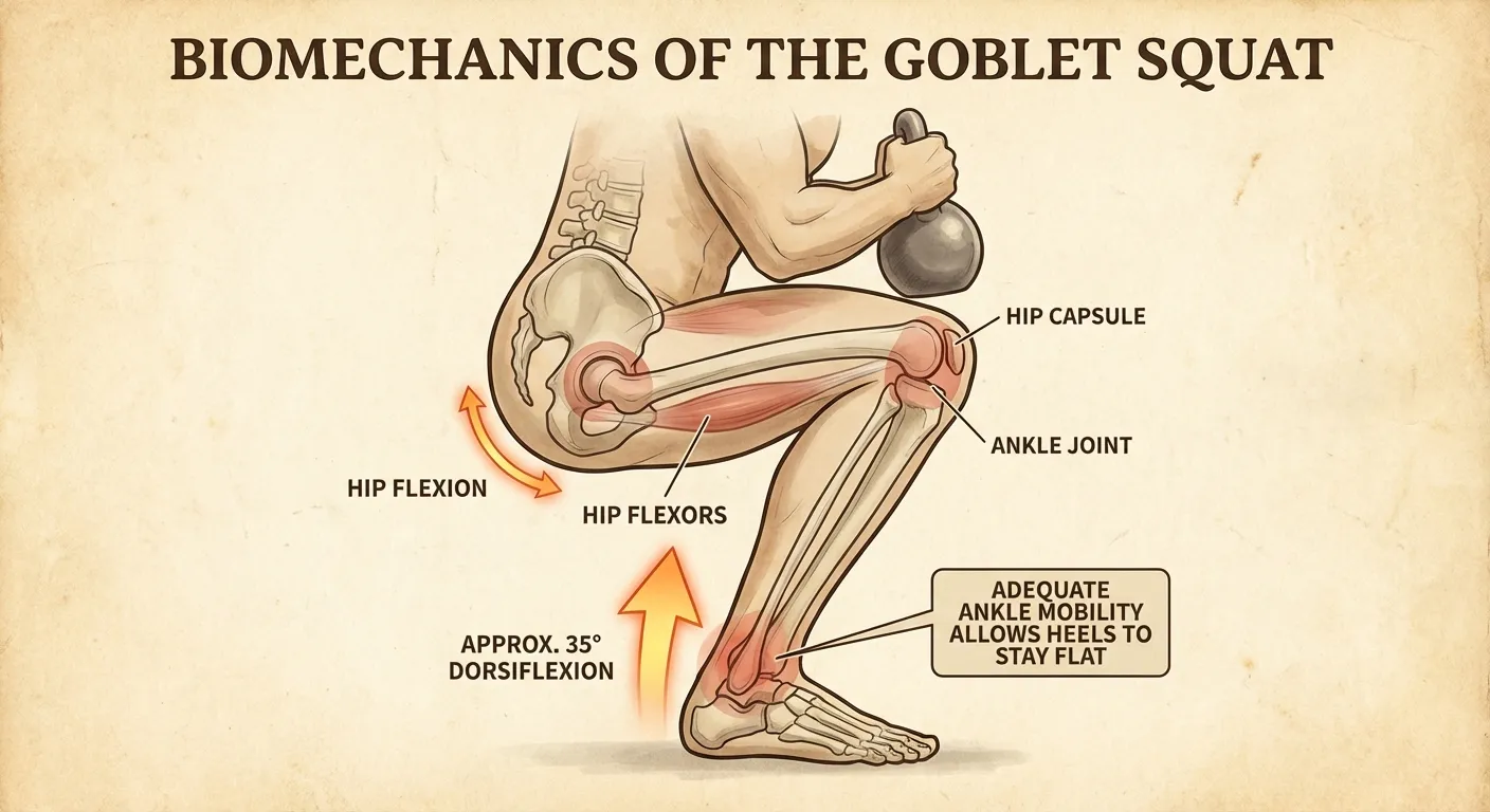 Anatomical view showing hip and ankle mobility during deep squat