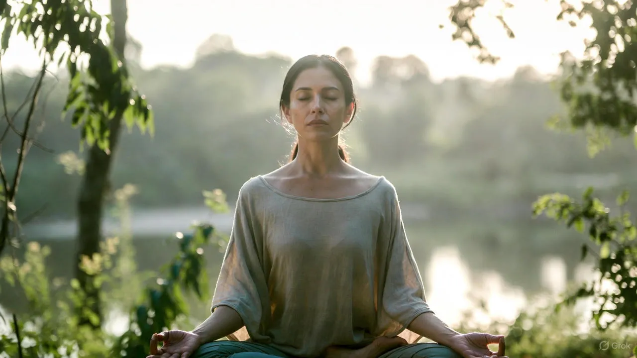 Person sitting peacefully by a window with morning light, eyes gently closed in simple meditation