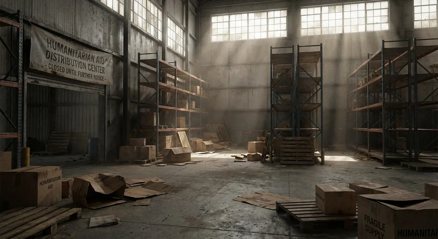 Empty humanitarian aid warehouse representing the foreign aid freeze