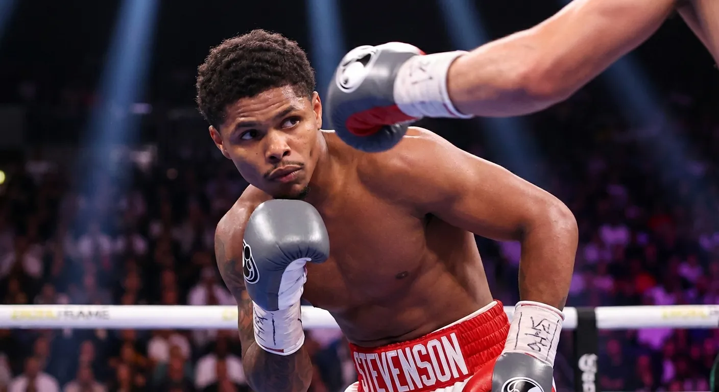 Shakur Stevenson demonstrating elite defensive boxing technique while slipping a punch