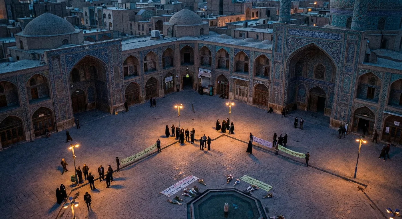 Crowd of Iranian protesters holding signs in a city square at dusk