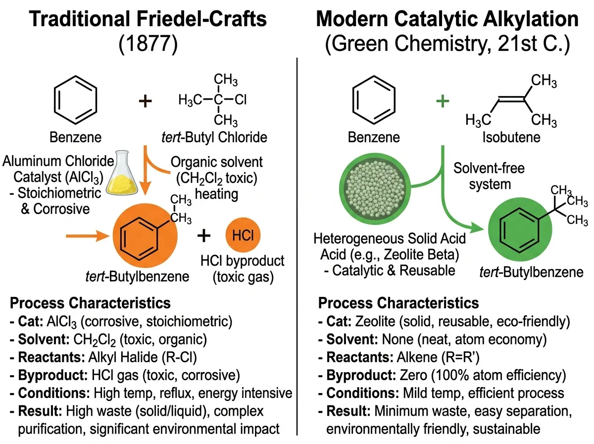 Diagram comparing traditional Friedel-Crafts reaction conditions with the new light-powered method