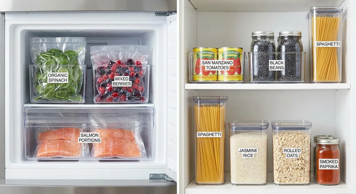 Organized freezer and pantry showing budget-friendly meal staples