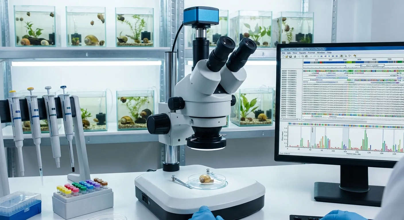 Laboratory setup for studying snail eye regeneration with microscopy equipment