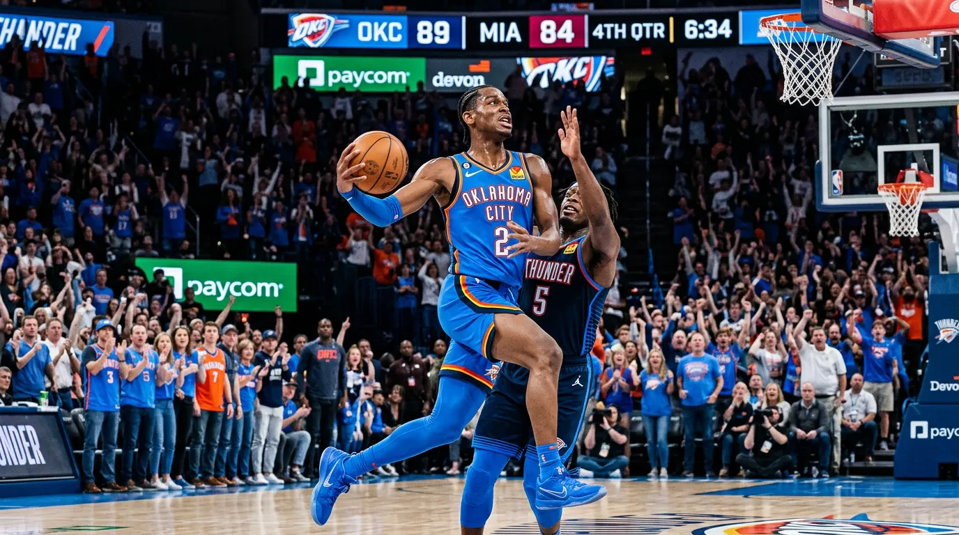 Shai Gilgeous-Alexander driving to the basket in Oklahoma City Thunder uniform