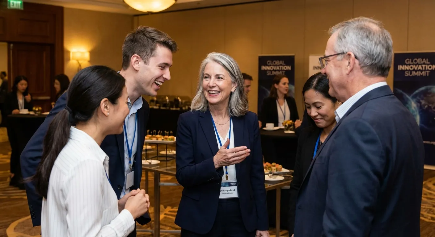 Professional networking event showing older workers confidently engaging with colleagues