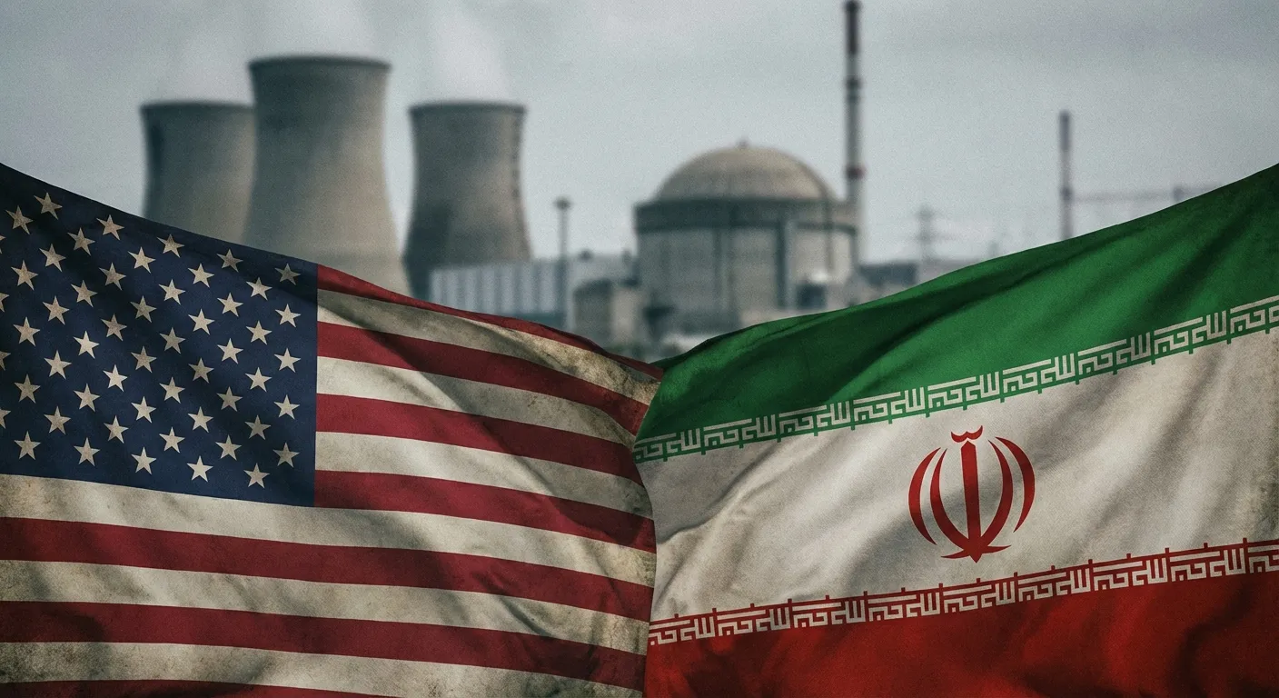 Split view showing US and Iranian flags with a nuclear facility in the background