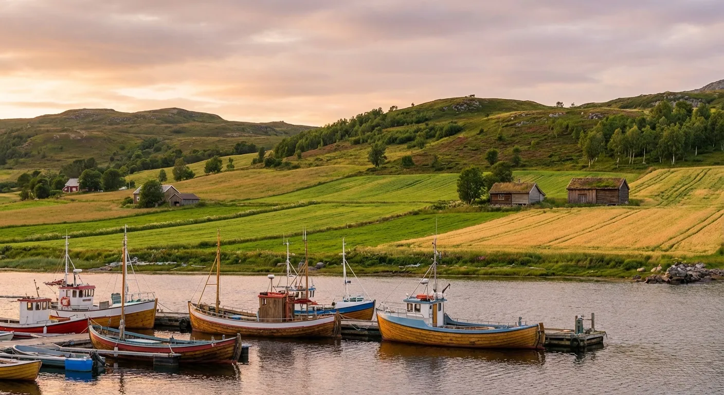 Scandinavian landscape with fishing boats and agricultural fields representing sustainable food systems