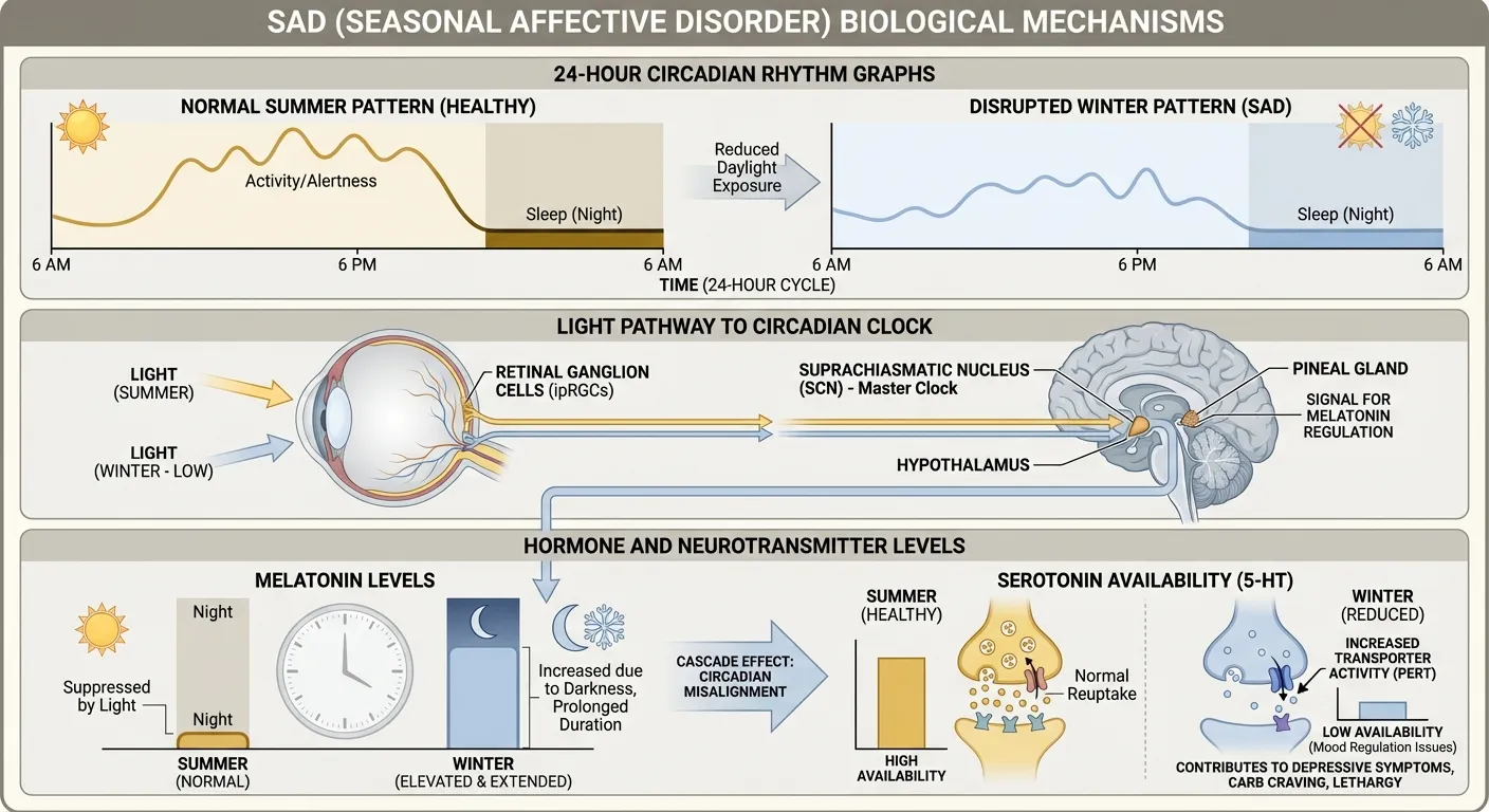 Diagram showing circadian rhythm disruption and neurotransmitter changes in winter SAD